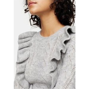 ASOS Topshop Ruffle Pointelle Crewneck Cropped Sweater, Light Gray